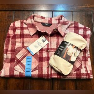 NEW Cozy Pink and Red Plaid Button Down Shirt/Shacket size L & GAP Belt Bag